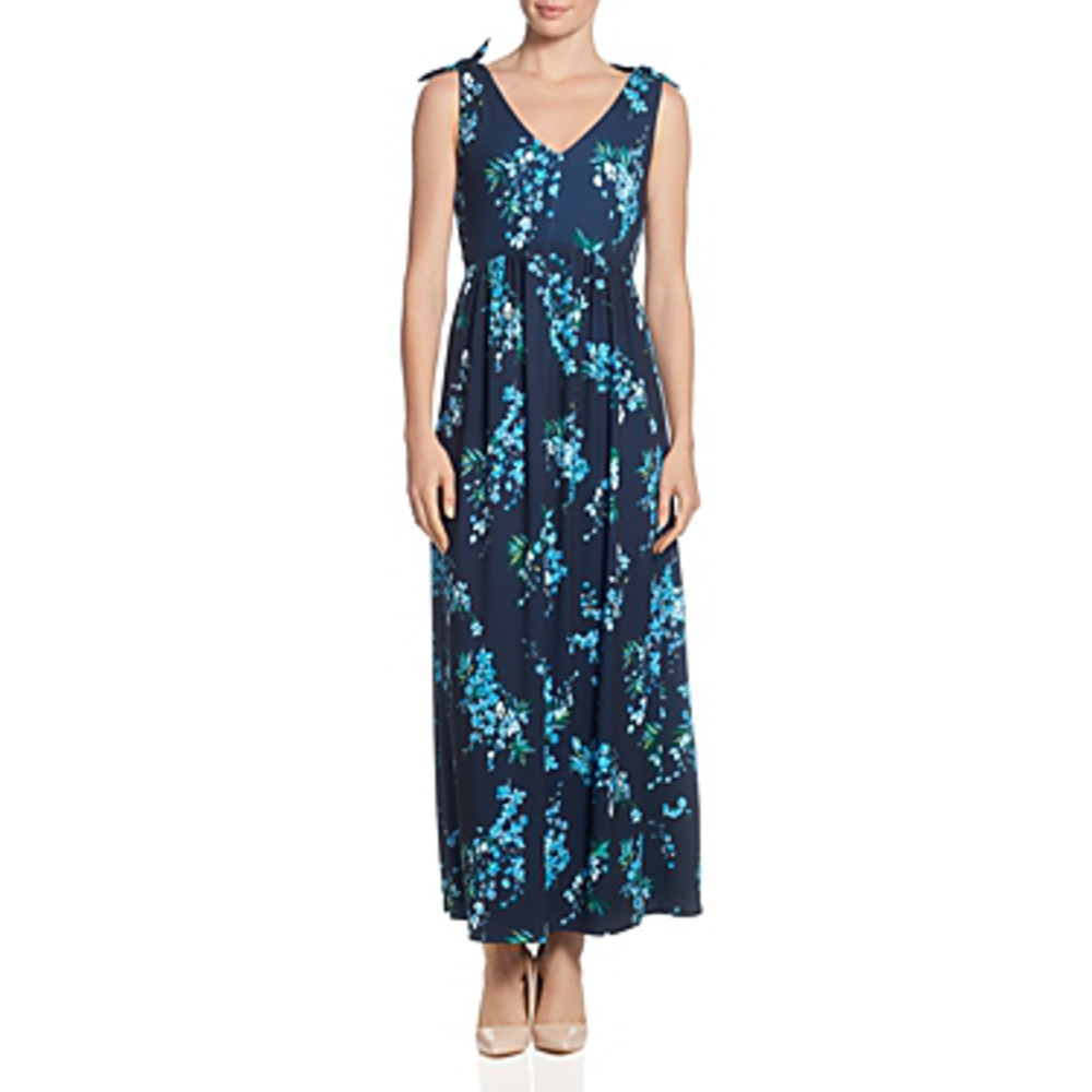 Tahari Sleeveless Floral V-Neck Maxi Dress Navy 6
